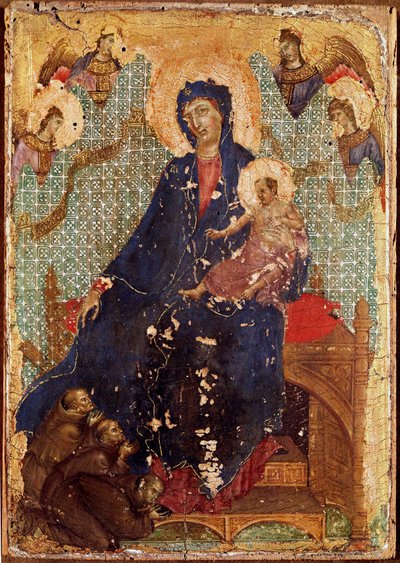 La Madonna de los Franciscanos o Madonna con niño con monjes franciscanos y ángeles. Temple sobre madera de Duccio di Buoninsegna (1255-1318/9) 1300. Siena, Pinacoteca nacional de Duccio di Buoninsegna
