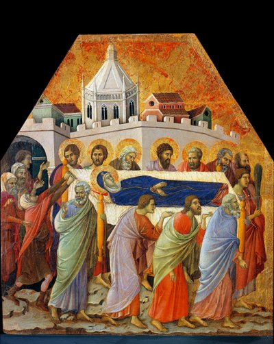 El funeral de la Virgen, San Juan con la palma abre el camino de Duccio di Buoninsegna