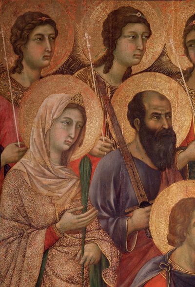 Virgen y niño en el trono, detalle con santa Catalina de Alejandría y san Pablo (La Maestà) de Duccio di Buoninsegna