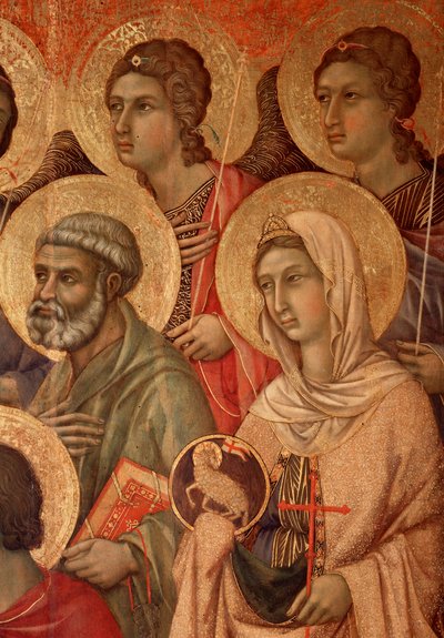 Virgen y niño en el trono, detalle con San Pedro y Santa Inés (La Maestà) de Duccio di Buoninsegna