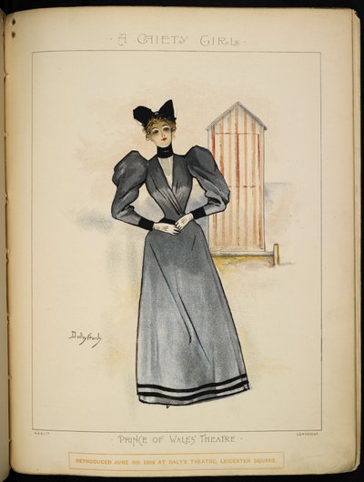 Un personaje femenino, en un cambiador móvil, en la playa. de Dudley Hardy