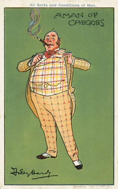 Un hombre de cheques: un hombre gordo y rico con un traje a cuadros de Dudley Hardy