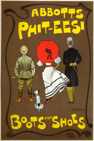 Estilo de vida. Moda. Tienda de botas y zapatos Abbots Phit-ees, Londres. Cartel de Dudley Hardy, Inglaterra, c.1890 de Dudley Hardy