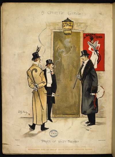 Tres caballeros esperando afuera de la puerta del escenario, a que emerjan las chicas Gaiety. de Dudley Hardy