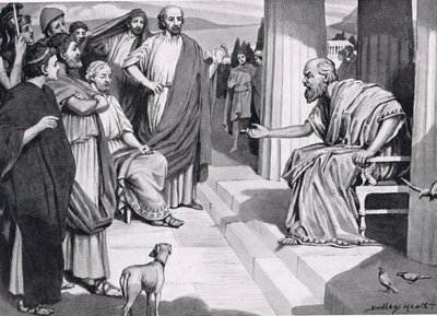 Sócrates dirigiéndose a los atenienses, ilustración de la Historia de las Naciones de Hutchinson, 1915 de Dudley Heath