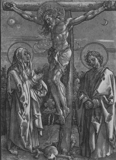 Cristo en la Cruz con la Virgen y San Juan, 1500-1550 de Dürer School.