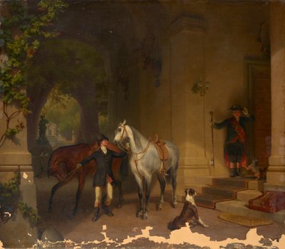 Jinetes con dos caballos frente al castillo de Düsseldorfer Maler um 1850