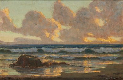 Olas rompiendo, puesta de sol (óleo sobre lienzo) de Duncan McGregor Whyte