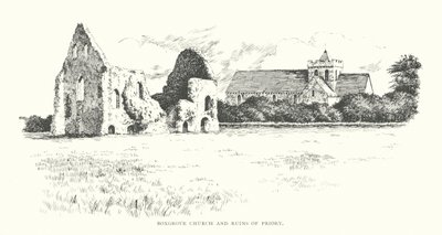 Iglesia de Boxgrove y ruinas del priorato (litografía) de Duncan Moul