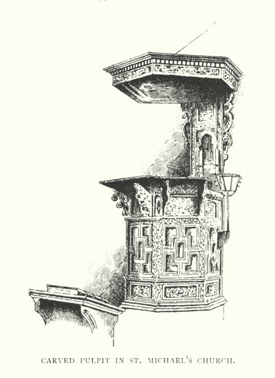 Púlpito tallado en la iglesia de San Miguel (litografía) de Duncan Moul