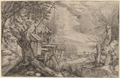Paisaje con casa de troncos cerca de un río de Dutch 17th Century, formerly Jacques de Gheyn II