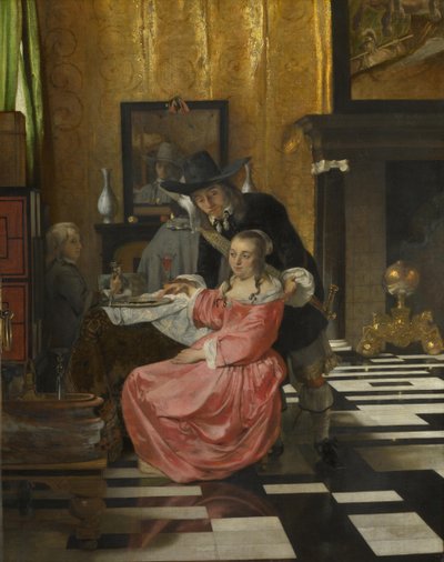 Un interior, con una mujer rechazando una copa de vino de Dutch Master