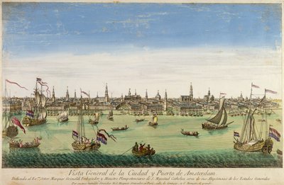 Vista General del Puerto y la Ciudad de Ámsterdam, grabado por D.G. Hucquier, siglo XVI de Dutch School