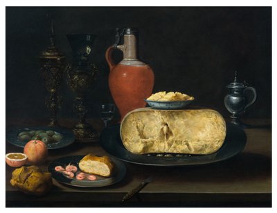 Un bodegón con queso, mantequilla, pan, gambas, naranjas, aceitunas y vino en una mesa de Dutch School