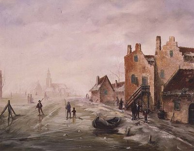Paisaje invernal con figuras patinando en primer plano de Dutch School