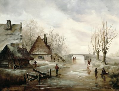 Un paisaje invernal con figuras patinando en primer plano de Dutch School