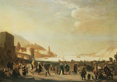 Un puerto con vendedores ambulantes y campesinos en primer plano de Dutch School