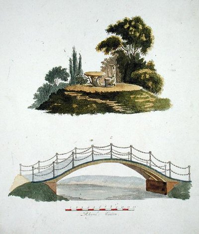 Una silla y mesa rústicas y un puente ornamental, de 