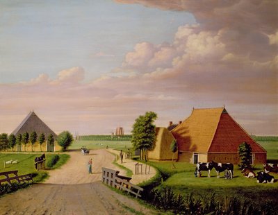 Un estudio de Leevwarden en Holanda con un rebaño de ganado frisón en primer plano de Dutch School