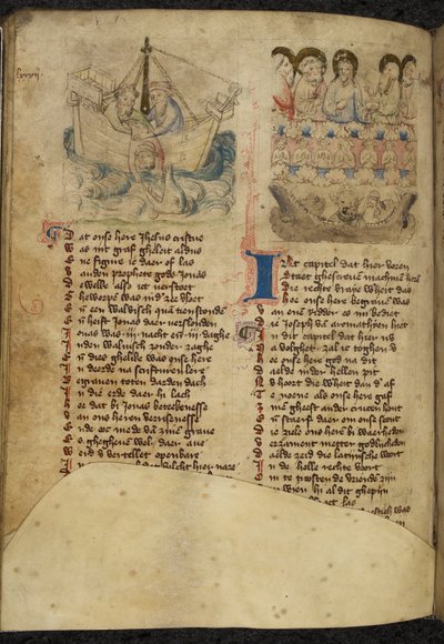 Agregar. 11575, f.65v Jonás y la ballena, de Spiegel van der Menschen Behoudenisse (traducción del Espejo de la salvación humana) (vitela) de Dutch School