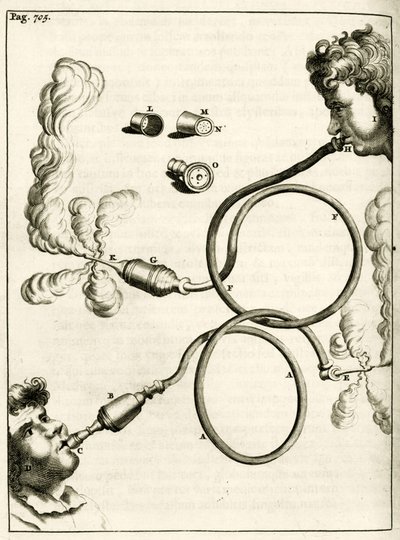 Aparato para enemas de humo de tabaco, de Exercitationes Practicae circa Medendi Methodum por Frederik Dekkers, 1694 de Dutch School