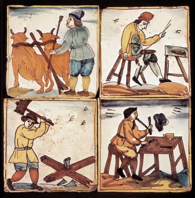 Panel Azulejos: representación de oficios, labranza campesina, ahorrador, cortador de troncos y un pipero (cerámica) de Dutch School