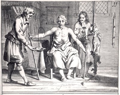 Transfusión de sangre de un perro, de Armamentarii Chirurgici por Johannes Schultes (1595-1645) publicado en Ámsterdam, 1671 de Dutch School