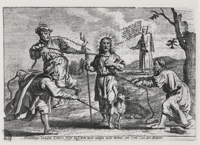 Caricatura de Lutero, Calvino y Menno Simons disputando a Cristo y su enseñanza de Dutch School