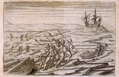 Recogiendo leña para la cabaña en la que la expedición pasó el invierno, ilustración de Diarium Nauticum, seu vera descriptio trium navigationum admirandarum... por Gerrit de Veer, 1598 de Dutch School