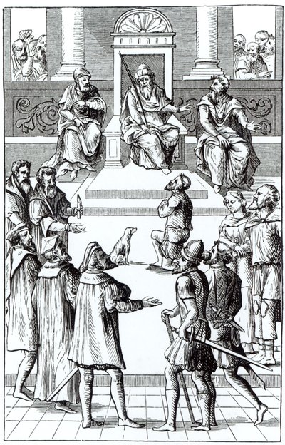 Confesión para enmiendas ante el tribunal, después de un grabado en Praxis Rerum Criminalium de Joos de Damhouder (1507-81) publicado en Amberes, 1556 de Dutch School