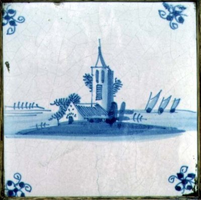 Azulejo de Delft mostrando una iglesia con tres velas de barcaza de Dutch School
