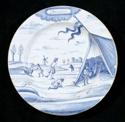 Plato de loza de Delft que representa el mes de enero de Dutch School