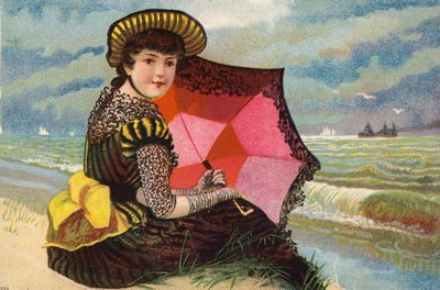 Niña holandesa, con parasol, junto al mar de Dutch School