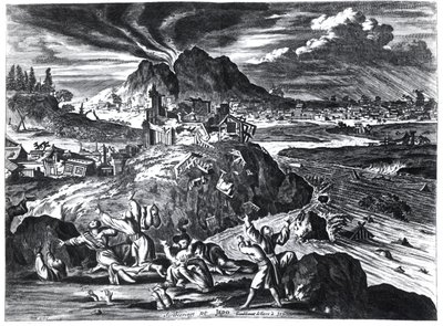 Terremoto en Edo (Tokio) en 1659, ilustración del relato de Arnold Montanus sobre las embajadas enviadas por la Compañía Holandesa de las Indias Orientales al Emperador de Japón, publicado en Ámsterdam en 1669 de Dutch School