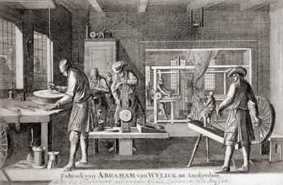 Fábrica de Abraham van Wylick, Industria de la seda de Amsterdam, de "Geschiedenis van Nederland", publ. 1936 (litografía) de Dutch School