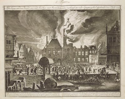 Incendio en el antiguo Ayuntamiento de Ámsterdam, 17 de julio de 1652, de un libro sobre la lucha contra incendios en Holanda, publicado c.1700 de Dutch School