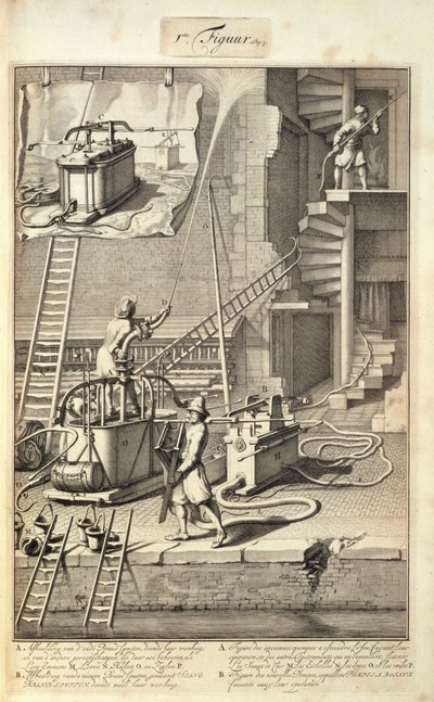 Maquinaria de lucha contra incendios, de un libro sobre la lucha contra incendios en Holanda, publicado c.1700 de Dutch School