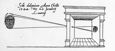 Primera ilustración publicada de una cámara oscura observando un eclipse solar en enero de 1544 de Dutch School
