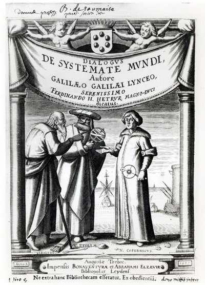 Frontispicio de Dialogus De Systemate Mundi por Galileo (1564-1642), publicado en Leiden 1635 de Dutch School