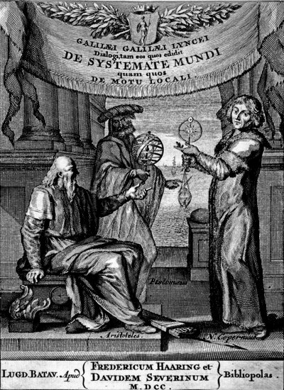 Frontispicio de Dialogus De Systemate Mundi por Galileo, edición publicada en 1641 de Dutch School