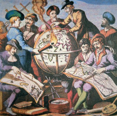 Frontispicio del Atlas de Cartas Holandés mostrando un grupo de cartógrafos e instrumentos, c.1710 de Dutch School