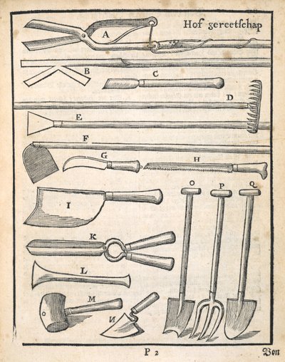Herramientas de jardín, de The Dutch Gardener por Johann van der Groen, publicado en 1699 de Dutch School
