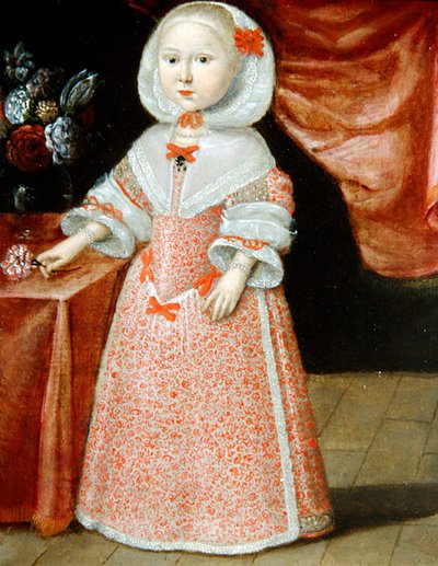 Niña sosteniendo una flor rosa y blanca de Dutch School