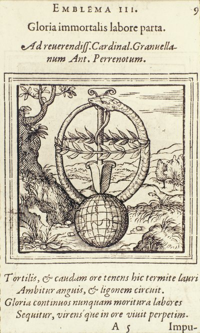Gloria immortalis labore parta, ilustración de Emblemata por Hadrianus Junius, publicado por Christophe Plantin, Anvers, 1565 de Dutch School