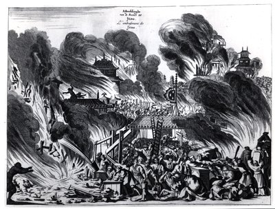 Gran incendio en Yedo (Tokio) en el siglo XVII, ilustración del relato de Arnold Montanus sobre las embajadas enviadas por la Compañía Holandesa de las Indias Orientales al Emperador de Japón, publicado en Ámsterdam en 1680 de Dutch School