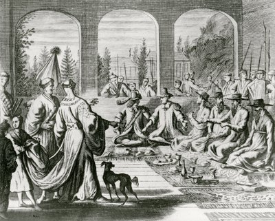 Jesuitas con comerciantes holandeses y portugueses en la corte japonesa de Dutch School