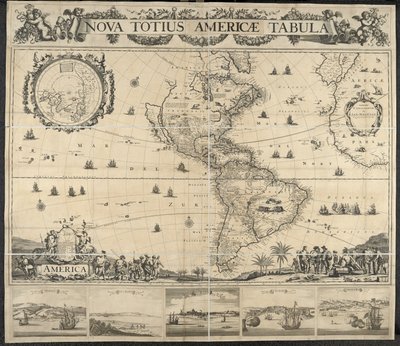 Mapa de América, Mesa Nova totius Americae, [con Vistas de] Panamá, Caput S. Augustini, Nueva Amsterdam, S. Salvador, Nombre D. Dios. Dibujado por J. Mathysz de Dutch School