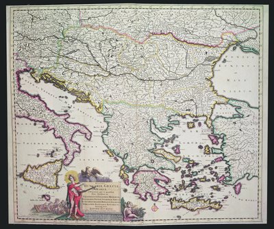 Mapa de Grecia, Hungría y sus países circundantes (grabado a mano) de Dutch School