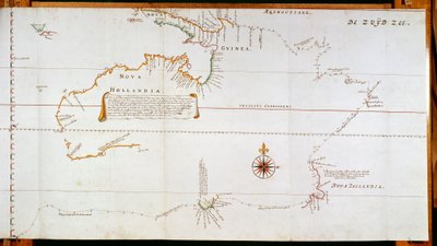 Mapa de Nueva Holanda, actual Australia, y de Nueva Zelanda, elaborado a partir de la información recogida durante los viajes realizados por Abel Janszoon Tasman (1603-1659) y Willem Janszoon (1570-1630). de Dutch School