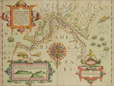 Mapa del Estrecho de Magallanes, Patagonia, del Atlas Mercator pub. por Jodocus Hondius, Ámsterdam, 1606 de Dutch School